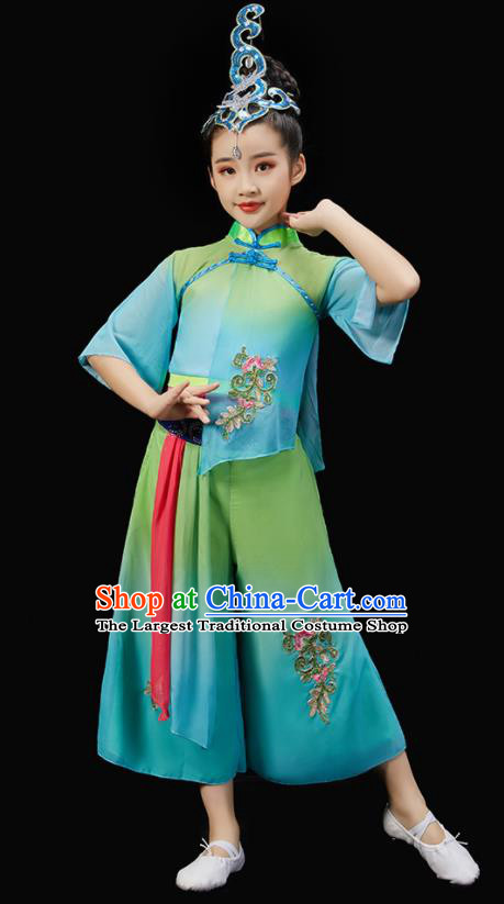 Chinese Children Fan Dance Green Uniform New Year Performance Garment Costume Folk Dance Clothes Traditional Yangko Dance Clothing