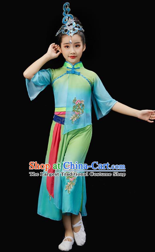 Chinese Children Fan Dance Green Uniform New Year Performance Garment Costume Folk Dance Clothes Traditional Yangko Dance Clothing