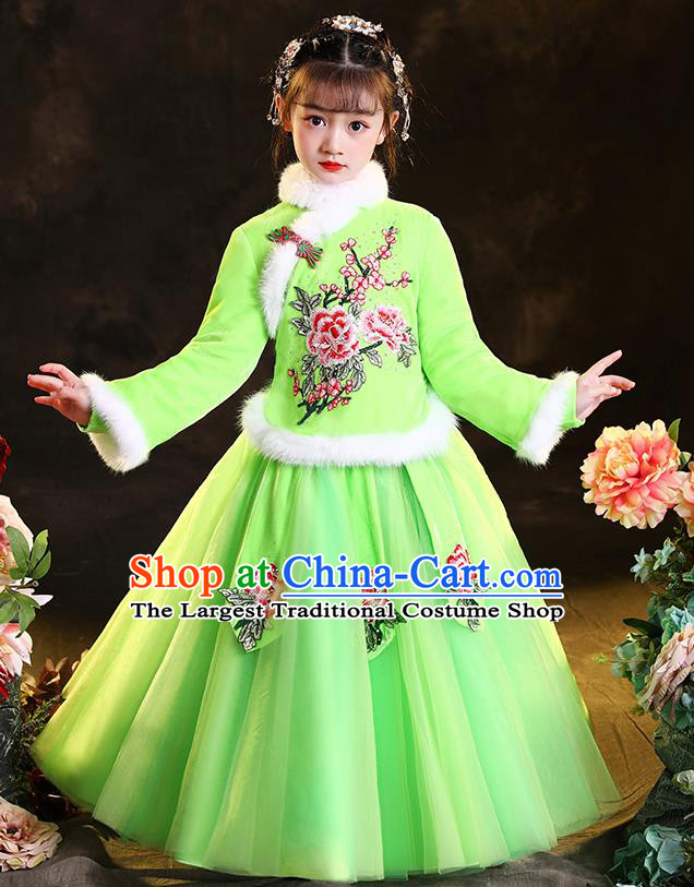 Chinese Folk Dance Green Dress Traditional New Year Clothing Children Winter Uniform Stage Performance Garment Costumes