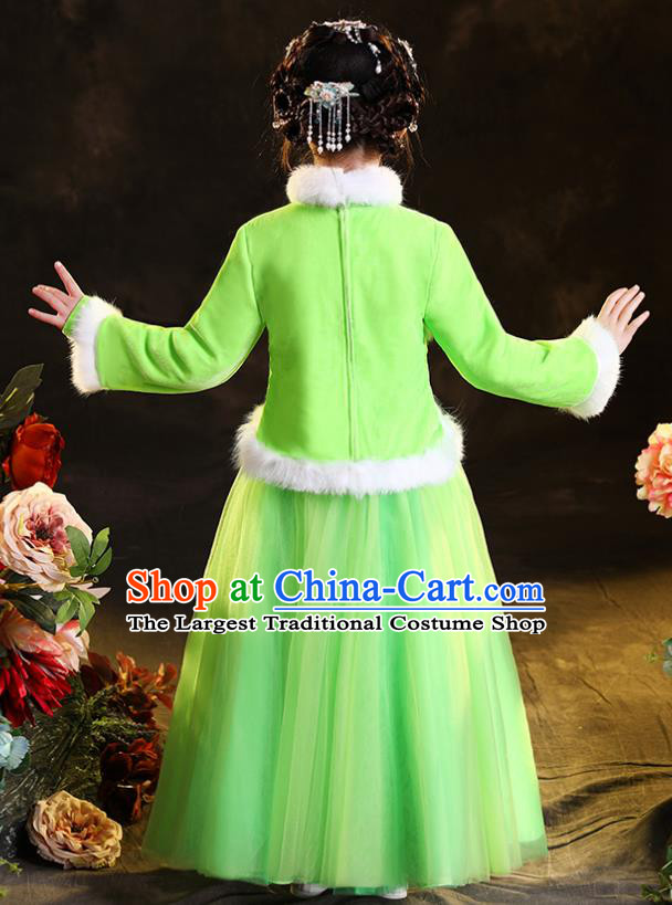 Chinese Folk Dance Green Dress Traditional New Year Clothing Children Winter Uniform Stage Performance Garment Costumes