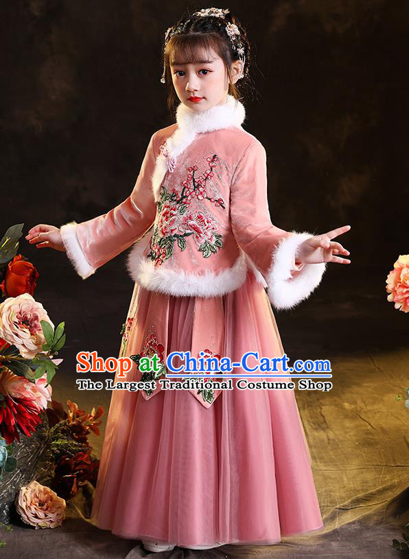 Chinese Stage Performance Garment Costumes Folk Dance Pink Dress Traditional New Year Clothing Children Winter Uniform