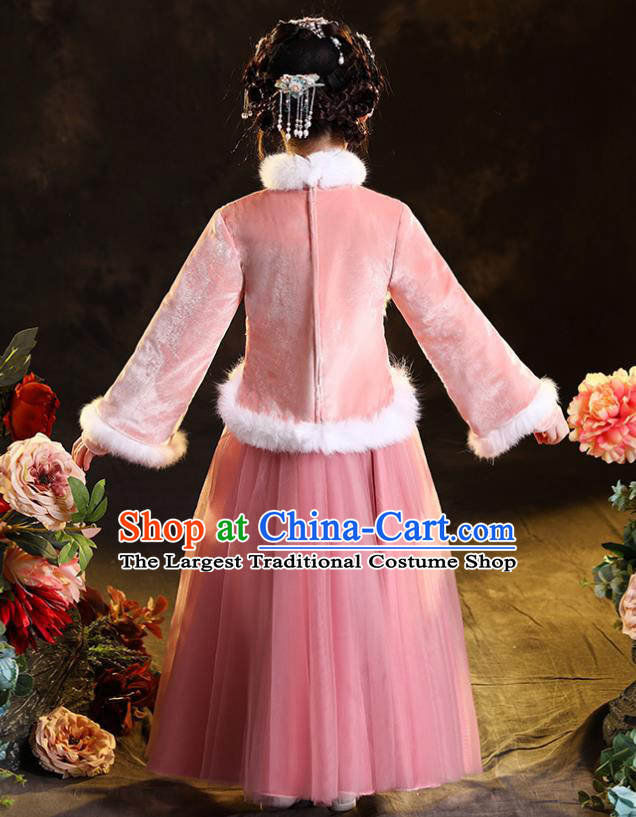 Chinese Stage Performance Garment Costumes Folk Dance Pink Dress Traditional New Year Clothing Children Winter Uniform