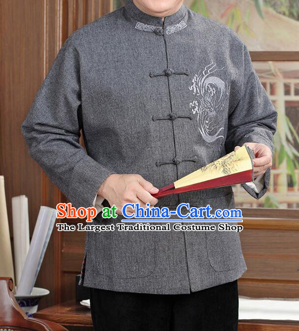 Chinese Embroidered Dragon Outer Garment Traditional Grey Woolen Jacket