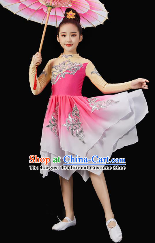 Chinese Children Dance Pink Dress Stage Performance Garment Costumes Classical Dancewear Umbrella Dance Clothing