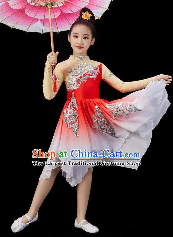 Chinese Umbrella Dance Clothing Children Dance Red Dress Stage Performance Garment Costumes Classical Dancewear