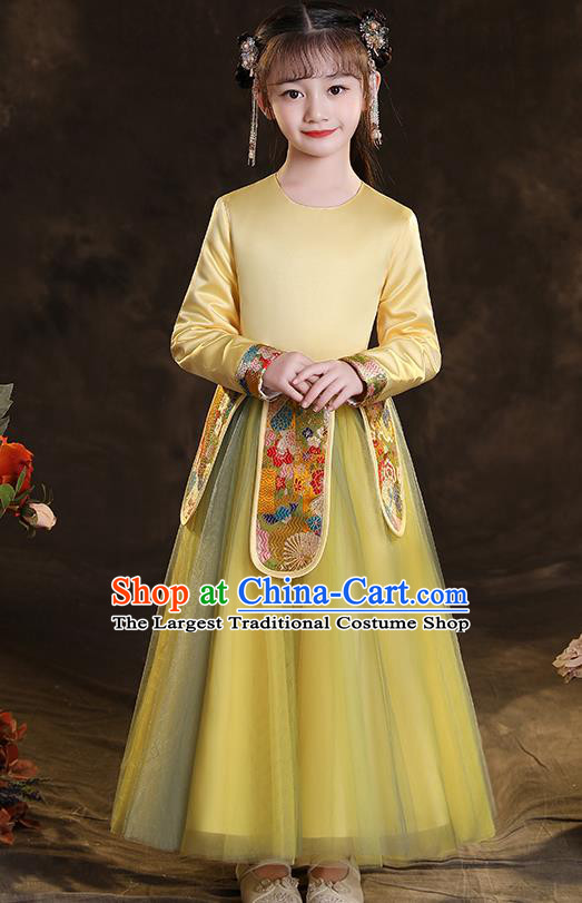 Chinese Children New Year Clothing Classical Dance Yellow Dress Winter Garment Costumes Ancient Princess Attire
