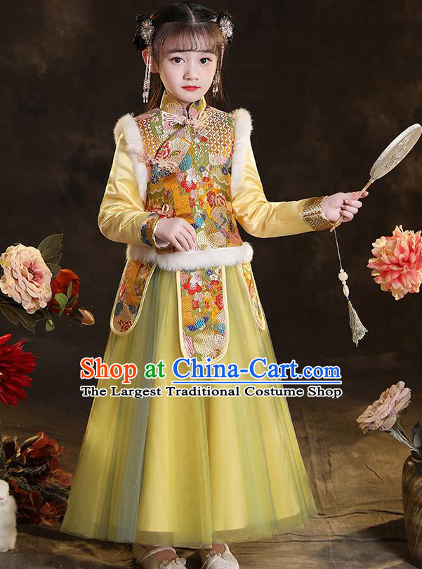 Chinese Children New Year Clothing Classical Dance Yellow Dress Winter Garment Costumes Ancient Princess Attire