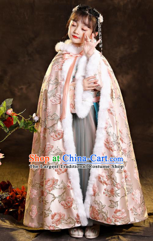 Chinese Ancient Princess Pink Long Cape Children New Year Clothing Classical Dance Costume Winter Embroidered Mantle