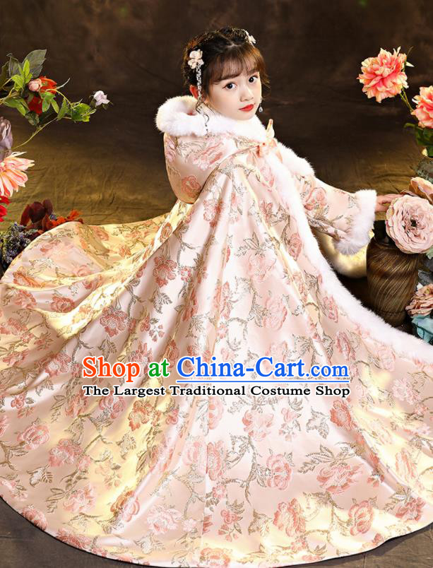 Chinese Ancient Princess Pink Long Cape Children New Year Clothing Classical Dance Costume Winter Embroidered Mantle