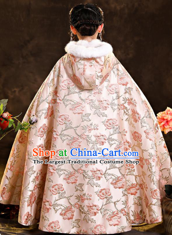 Chinese Ancient Princess Pink Long Cape Children New Year Clothing Classical Dance Costume Winter Embroidered Mantle