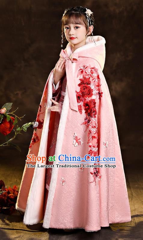 Chinese Winter Embroidered Woolen Mantle Ancient Princess Pink Long Cape Children New Year Clothing Classical Dance Costume