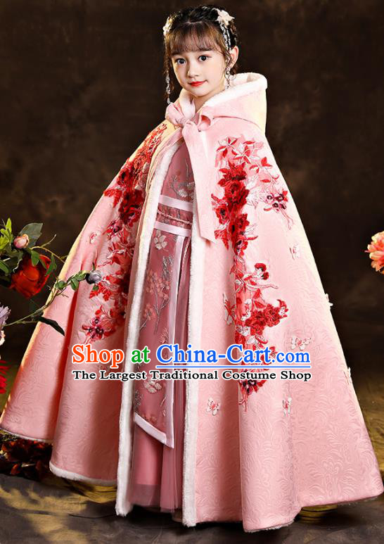 Chinese Winter Embroidered Woolen Mantle Ancient Princess Pink Long Cape Children New Year Clothing Classical Dance Costume