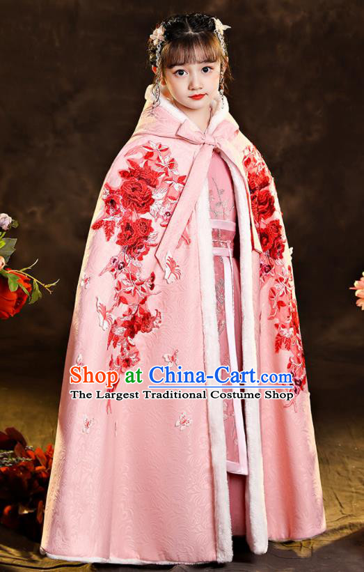 Chinese Winter Embroidered Woolen Mantle Ancient Princess Pink Long Cape Children New Year Clothing Classical Dance Costume