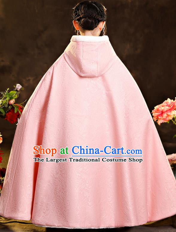 Chinese Winter Embroidered Woolen Mantle Ancient Princess Pink Long Cape Children New Year Clothing Classical Dance Costume