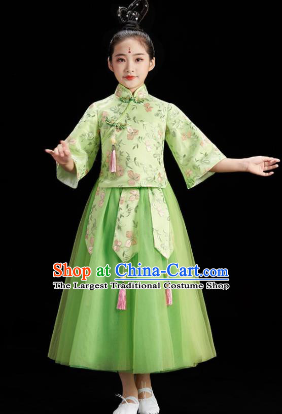 Chinese Children Group Dance Clothing Umbrella Dance Costume Stage Performance Green Dress Outfit Fan Dance Garment