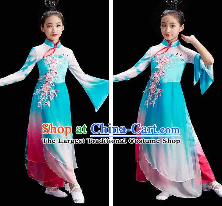 Chinese Fan Dance Uniform Children Group Dance Clothing Umbrella Dance Costume Stage Performance Blue Dress