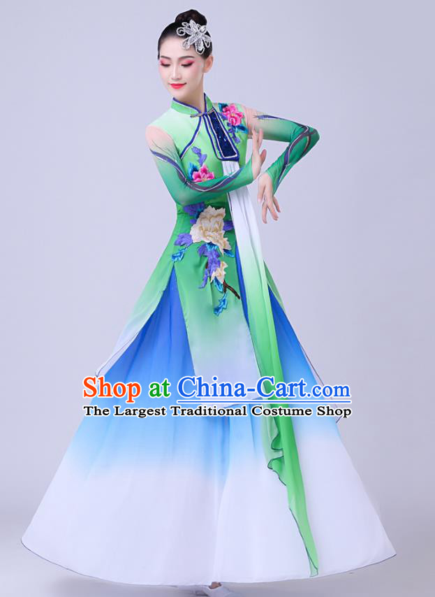 China Classical Dance Green Dress Stage Performance Chiffon Clothing Umbrella Dance Attires Fan Dance Garment Costume