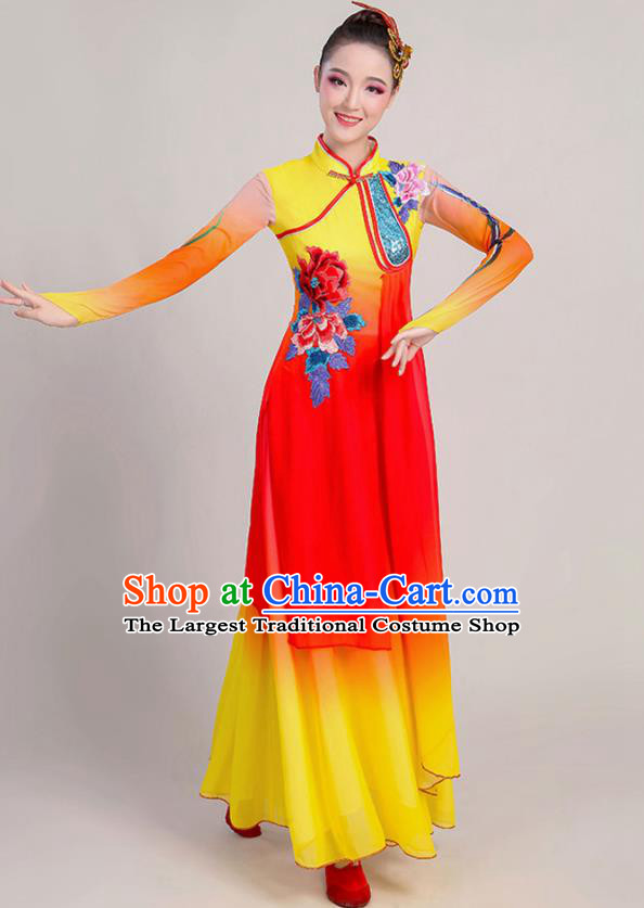 China Fan Dance Garment Costume Classical Dance Yellow Dress Stage Performance Chiffon Clothing Umbrella Dance Attires