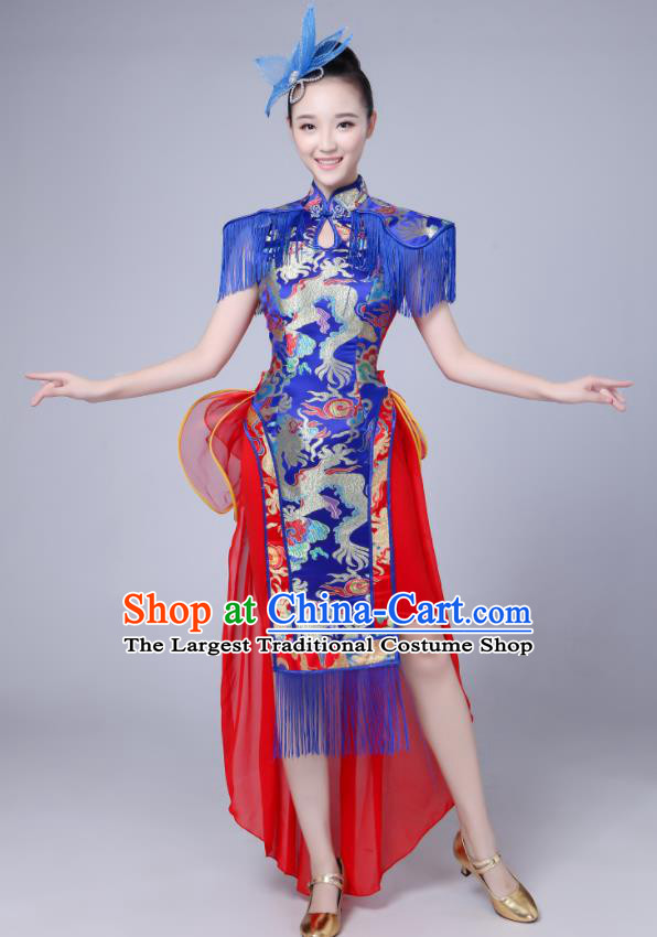 China Drum Dance Attires Fan Dance Garment Costume Folk Dance Royal Blue Qipao Dress Stage Performance Clothing