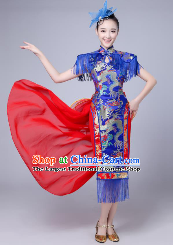 China Drum Dance Attires Fan Dance Garment Costume Folk Dance Royal Blue Qipao Dress Stage Performance Clothing