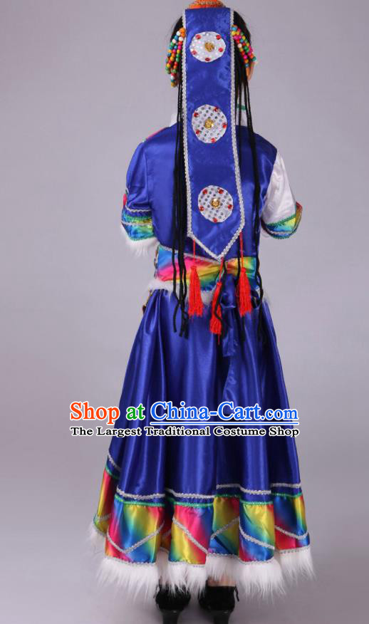 Chinese Zang Nationality Children Water Sleeve Outfits Ethnic Festival Costumes Tibetan Minority Folk Dance Royal Blue Dress Clothing