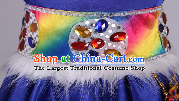 Chinese Zang Nationality Children Water Sleeve Outfits Ethnic Festival Costumes Tibetan Minority Folk Dance Royal Blue Dress Clothing