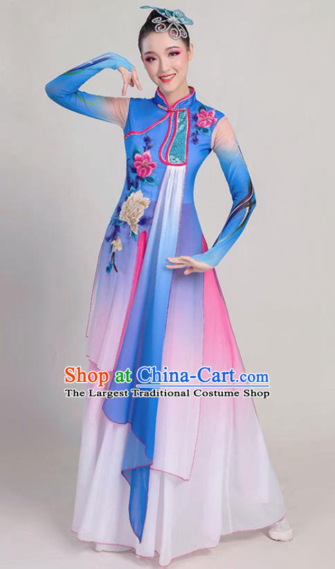 China Stage Performance Deep Blue Chiffon Clothing Umbrella Dance Attires Fan Dance Garment Costume Classical Dance Dress