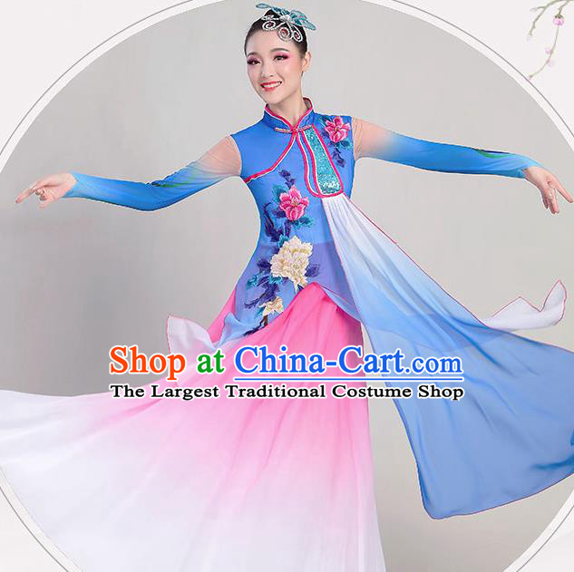 China Stage Performance Deep Blue Chiffon Clothing Umbrella Dance Attires Fan Dance Garment Costume Classical Dance Dress