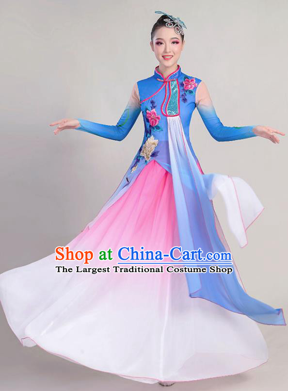 China Stage Performance Deep Blue Chiffon Clothing Umbrella Dance Attires Fan Dance Garment Costume Classical Dance Dress