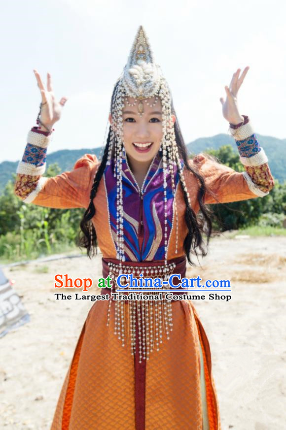 Chinese Traditional Female Knight Orange Dress Garments Wuxia TV Series The Wolf Bao Na Costumes Ancient Princess Clothing