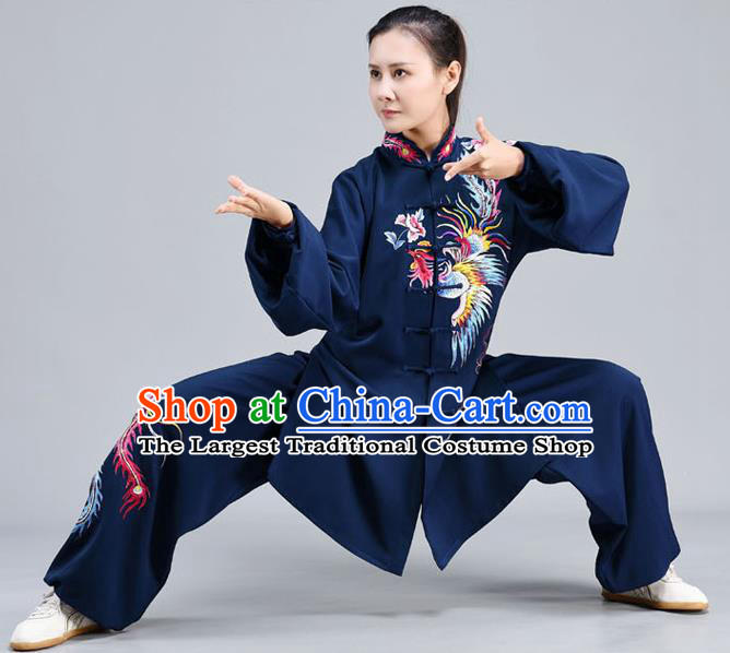 Chinese Tai Chi Kung Fu Clothing Tai Ji Chuan Training Midnight Blue Outfits Traditional Embroidered Phoenix Shirt and Pants
