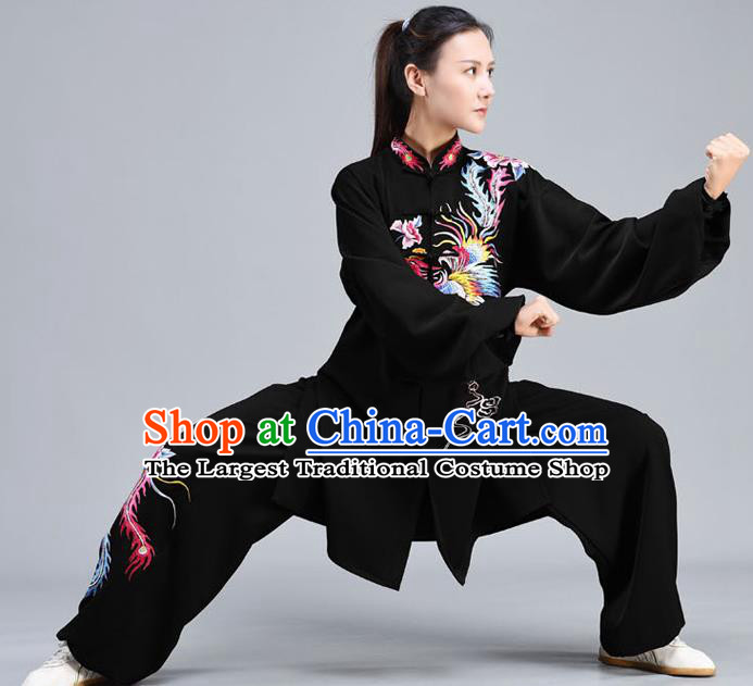 Chinese Traditional Embroidered Phoenix Shirt and Pants Tai Chi Kung Fu Clothing Tai Ji Chuan Training Black Outfits