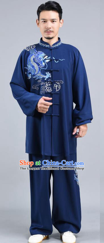 Chinese Tai Ji Performance Midnight Blue Outfits Traditional Embroidered Dragon Shirt and Pants Tai Chi Competition Clothing