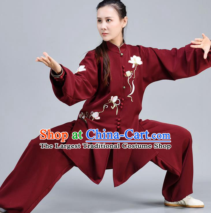 Chinese Tai Ji Chuan Competition Outfits Traditional Kung Fu Embroidered Lotus Shirt and Pants Tai Chi Training Maroon Clothing