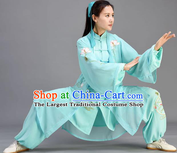 Chinese Embroidered Lotus Uniform Tai Chi Competition Clothing Tai Ji Performance Cyan Outfits Traditional Kung Fu Garments