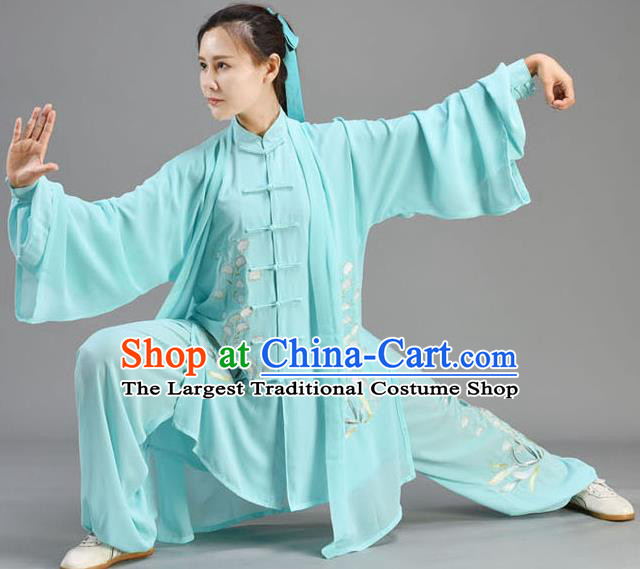 Chinese Embroidered Orchids Blue Uniform Tai Chi Performance Clothing Tai Ji Chuan Outfits Traditional Kung Fu Three Pieces Set