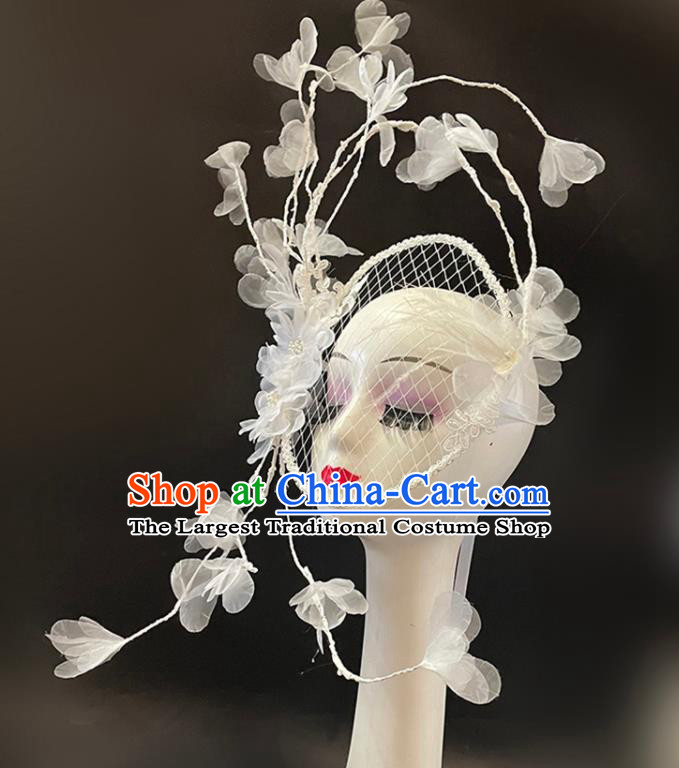 Baroque Style Silk Flowers Headwear Handmade Catwalks Performance Headdress White Mask Hat