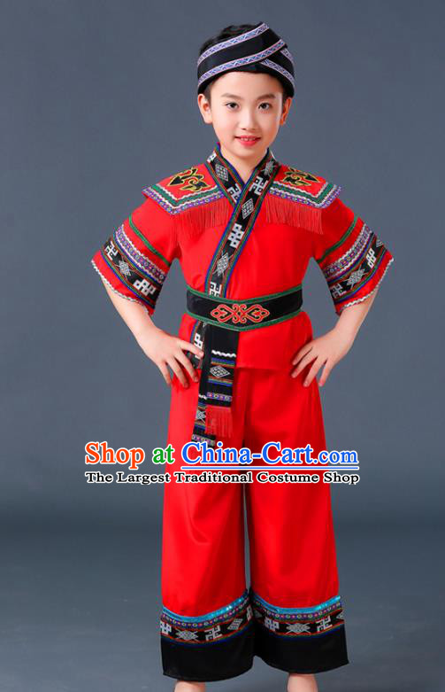 Chinese Yi Nationality Children Red Outfits Ethnic Festival Costumes Miao Minority Folk Dance Clothing