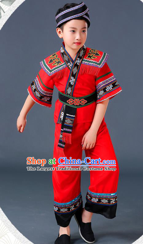 Chinese Yi Nationality Children Red Outfits Ethnic Festival Costumes Miao Minority Folk Dance Clothing