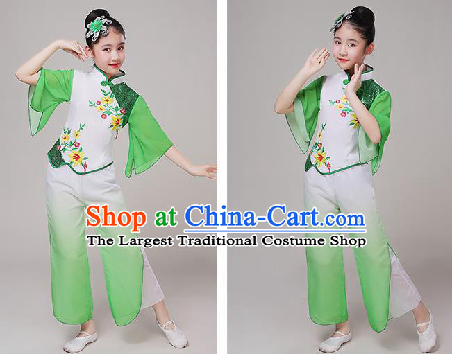 China Children Stage Performance Clothing Yangko Dance Green Uniform Fan Dance Garment Costume Folk Dance Dress