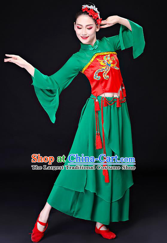 China Umbrella Dance Garment Costume Folk Dance Dress Stage Performance Clothing Fan Dance Green Uniform