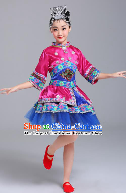 Chinese Yi Minority Folk Dance Clothing Guangxi Nationality Girl Megenta Dress Outfits Zhuang Ethnic Festival Costumes