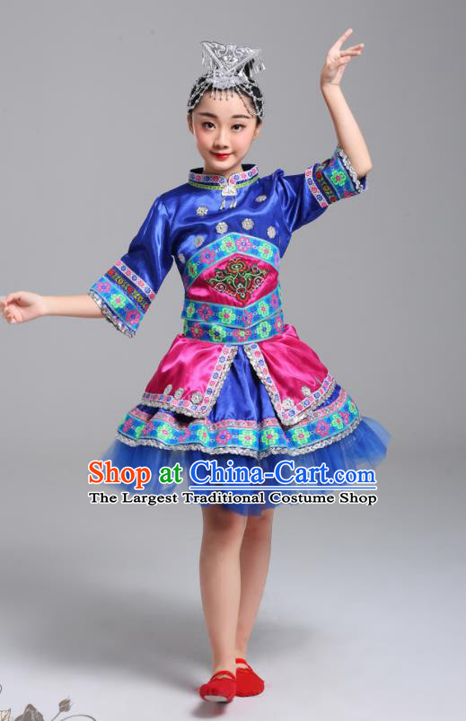 Chinese Zhuang Ethnic Festival Costumes Yi Minority Folk Dance Clothing Guangxi Nationality Girl Royal Blue Dress Outfits