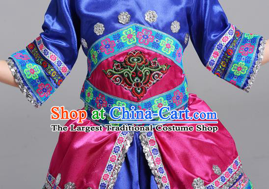Chinese Zhuang Ethnic Festival Costumes Yi Minority Folk Dance Clothing Guangxi Nationality Girl Royal Blue Dress Outfits