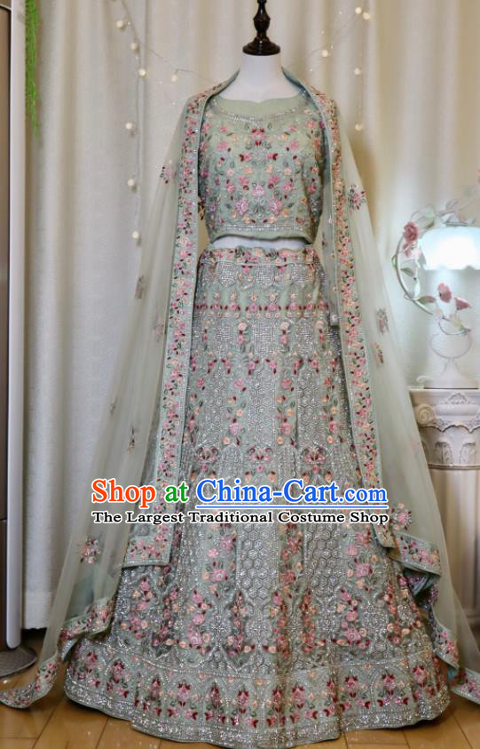 Indian Wedding Clothing India Traditional Lengha Garment Top Embroidered Light Green Dress Outfit