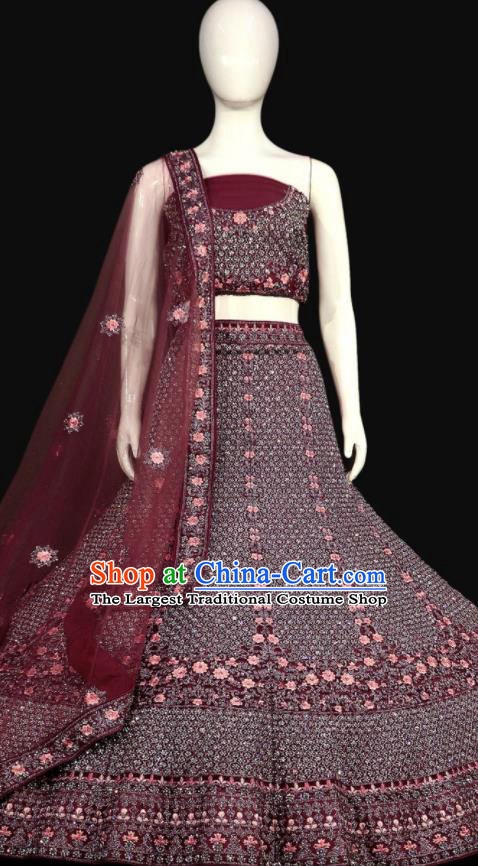 Indian Traditional Embroidered Wine Red Dress Outfit Wedding Clothing Top India Bride Lengha Garment