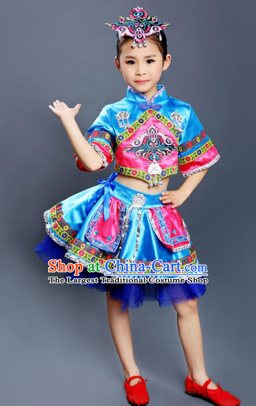 Chinese Yi Nationality Blue Dress Outfits Ethnic Folk Dance Costumes She Minority Children Festival Clothing
