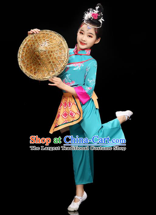 Chinese Children Folk Dance Clothing Group Dance Garment Costume Fan Dance Blue Uniform Traditional Tea Leaf Picking Dancewear