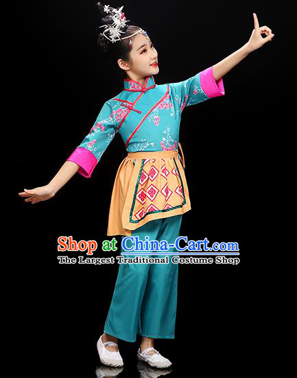 Chinese Children Folk Dance Clothing Group Dance Garment Costume Fan Dance Blue Uniform Traditional Tea Leaf Picking Dancewear