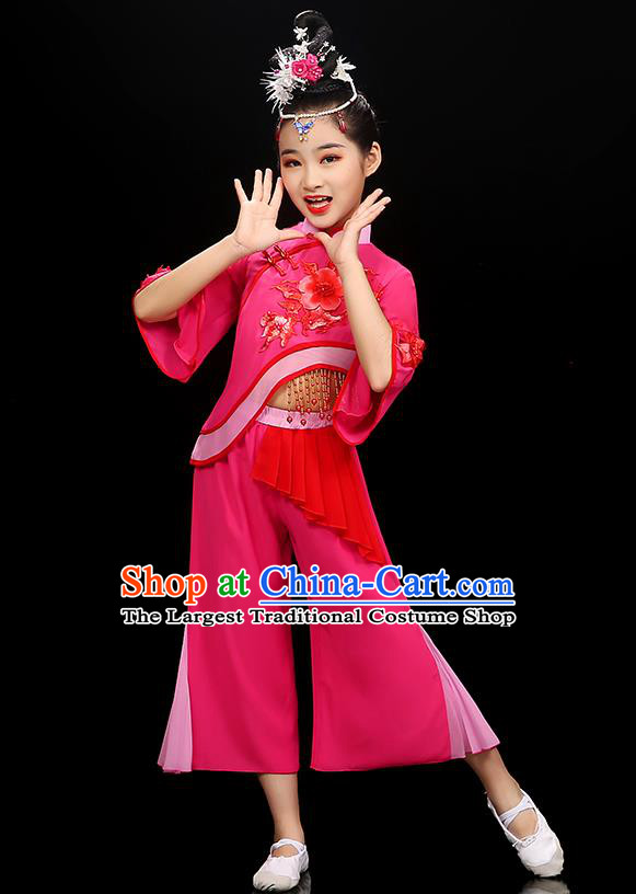 Chinese Traditional Umbrella Dancewear Children Folk Dance Clothing Group Dance Garment Costume Fan Dance Megenta Uniform